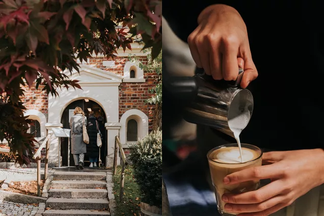 En person som går in i en byggnad. En person som häller kaffe i en kopp.